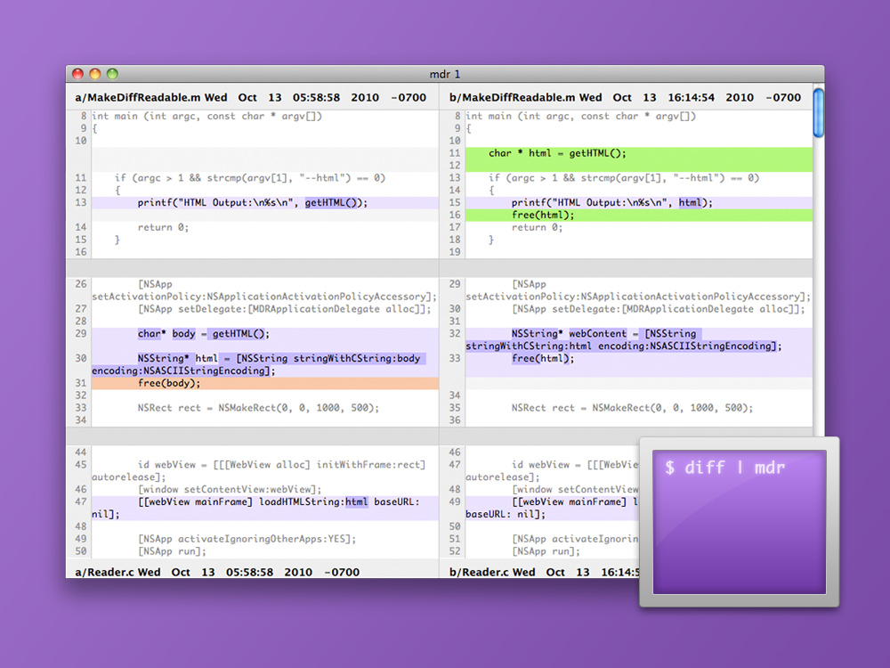 A screenshot of colored diff output and a terminal style purple icon